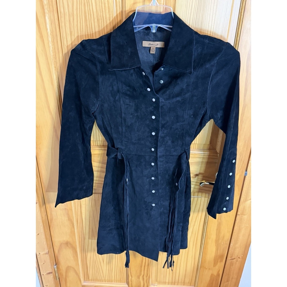 Andrew B Womens S Black 100% Leather Suede Fringe Western Snap Coat Jacket